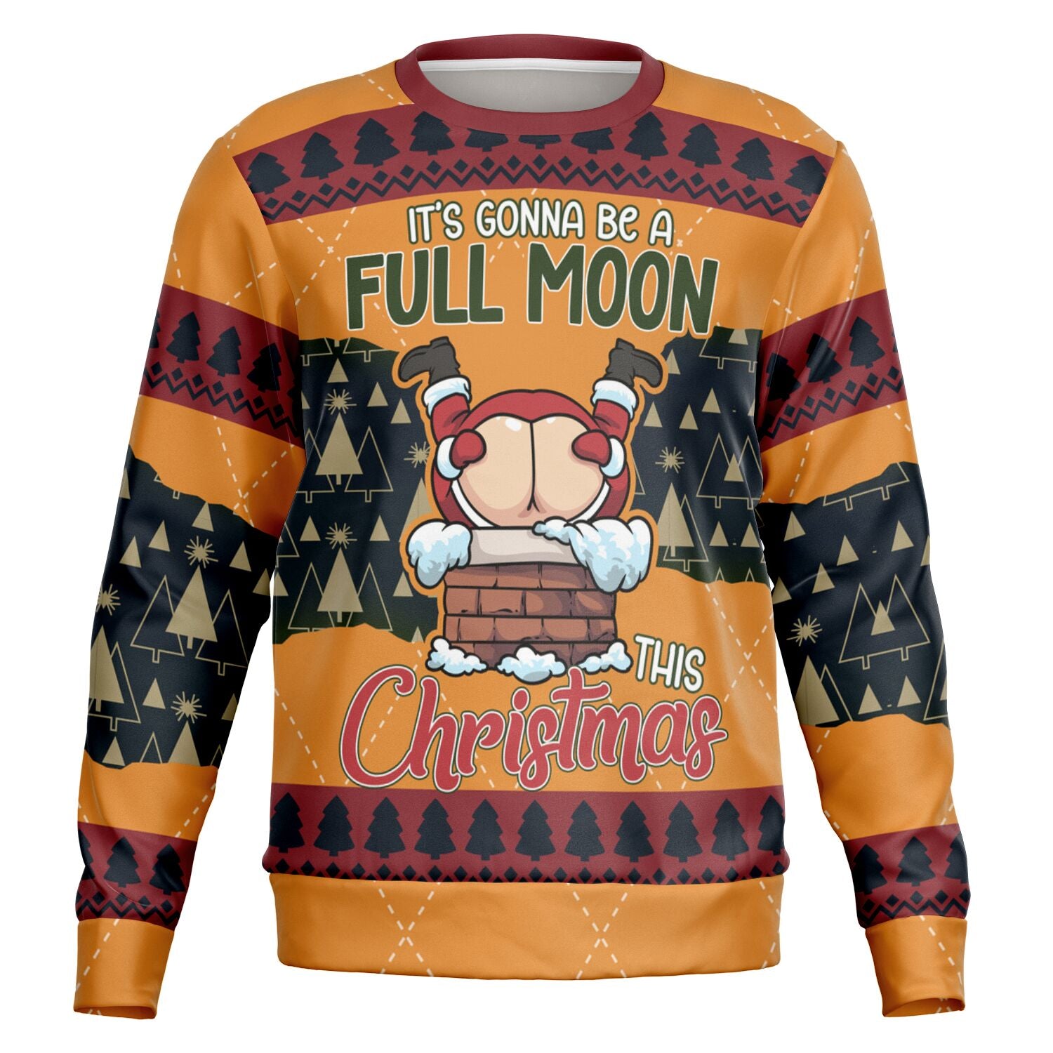 Orange Christmas sweater with Santa mooning chimney and “Full Moon This Christmas” text — funny and cheeky holiday sweatshirt from CollegeWares.