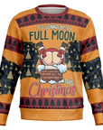 Orange Christmas sweater with Santa mooning chimney and “Full Moon This Christmas” text — funny and cheeky holiday sweatshirt from CollegeWares.