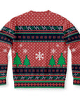 Back view of red Christmas sweater with snowflakes, pine trees, and fair isle patterns — festive design by CollegeWares.