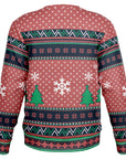 Back view of red Christmas sweater with snowflakes, pine trees, and fair isle patterns — festive design by CollegeWares.