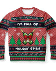 Red holiday sweater with green trees and crossed wine bottles tied with a red bow — reads “I’m Full of Holiday Spirit” in bold white text.