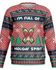 Red holiday sweater with green trees and crossed wine bottles tied with a red bow — reads “I’m Full of Holiday Spirit” in bold white text.