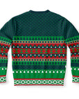 Rear of festive gym-themed sweater with green pine tree rows and bold geometric striping — fun and naughty holiday vibes.