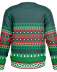 Rear of festive gym-themed sweater with green pine tree rows and bold geometric striping — fun and naughty holiday vibes.