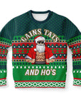 Green, red, and navy sweater with tattooed Santa Claus and bold “Gains, Tats and Ho’s” text — edgy Christmas humor from CollegeWares.