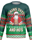 Green, red, and navy sweater with tattooed Santa Claus and bold “Gains, Tats and Ho’s” text — edgy Christmas humor from CollegeWares.