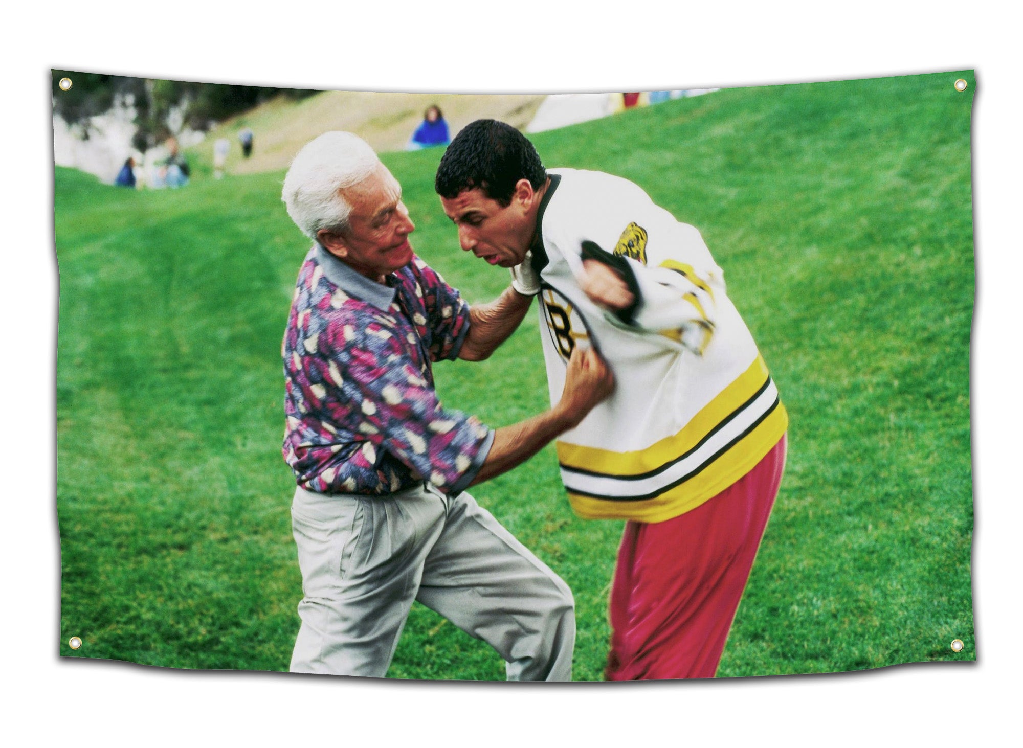 Flag showing a famous scene from Happy Gilmore where Bob Barker punches Adam Sandler on a golf course — hilarious movie reference flag for dorms, sports bros, and meme fans by CollegeWares.
