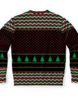 Rear of black and red sweater featuring green tree stripes and retro pixel patterns — quirky and festive CollegeWares holiday wear.