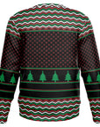 Rear of black and red sweater featuring green tree stripes and retro pixel patterns — quirky and festive CollegeWares holiday wear.