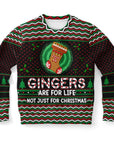 Black and red ugly Christmas sweater with “Gingers Are for Life, Not Just for Christmas” quote and holiday stocking graphic — bold and funny design from CollegeWares.