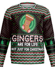 Black and red ugly Christmas sweater with “Gingers Are for Life, Not Just for Christmas” quote and holiday stocking graphic — bold and funny design from CollegeWares.