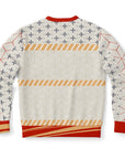 Back view of white Christmas sweater with geometric stars and cube patterns — clean holiday background design from CollegeWares.
