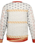 Back view of white Christmas sweater with geometric stars and cube patterns — clean holiday background design from CollegeWares.
