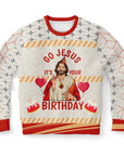 Funny Christmas sweater with cartoon Jesus wearing a party hat and “Go Jesus It’s Your Birthday” text — festive religious humor from CollegeWares.