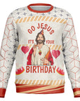Funny Christmas sweater with cartoon Jesus wearing a party hat and “Go Jesus It’s Your Birthday” text — festive religious humor from CollegeWares.