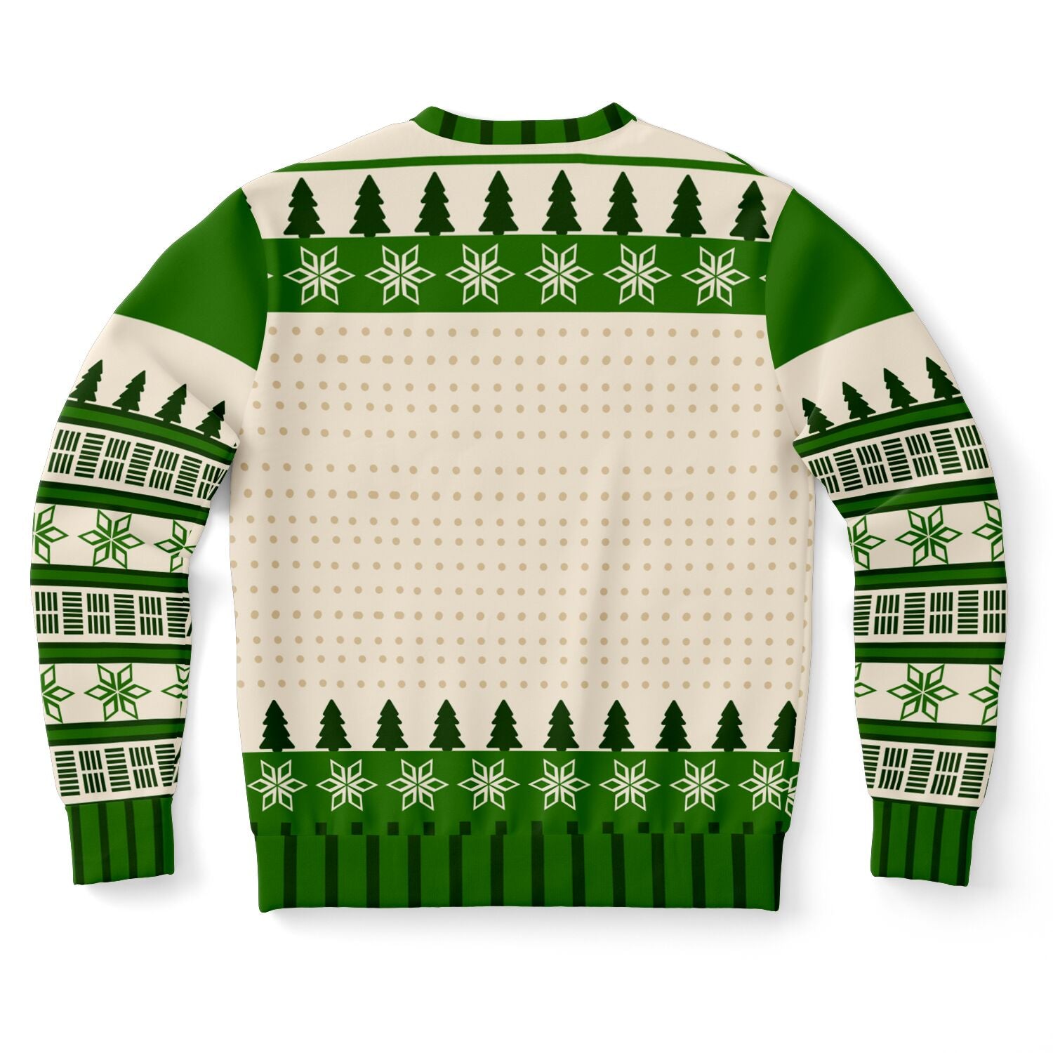 Back of sweater with green Christmas trees and snowflake patterns — no text, clean design from CollegeWares.