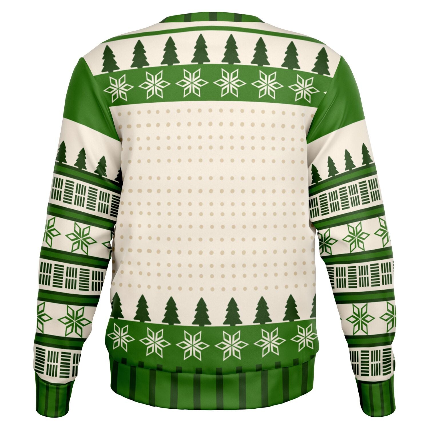 Back of sweater with green Christmas trees and snowflake patterns — no text, clean design from CollegeWares.