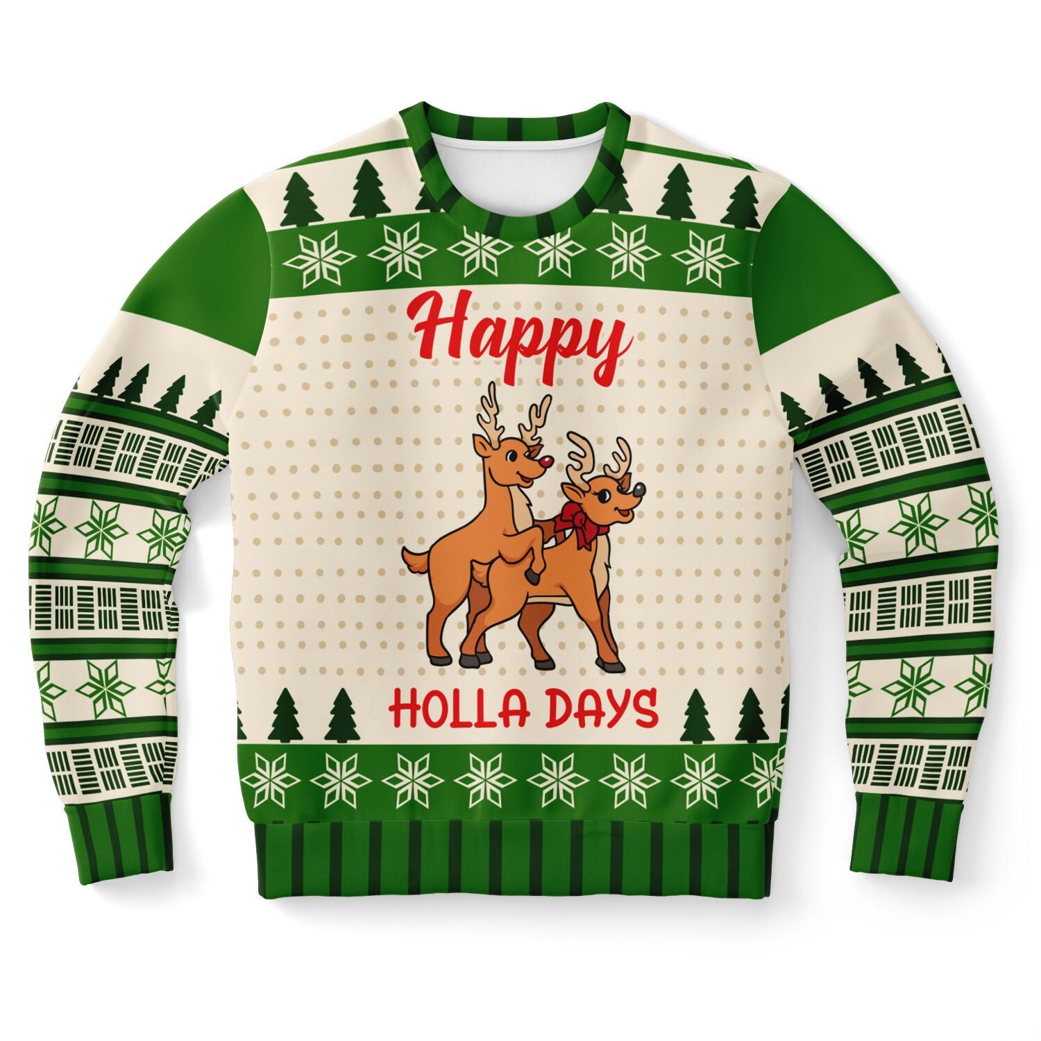 Cream and green Christmas sweater with two reindeer in a suggestive pose and “Happy Holla Days” text — edgy holiday humor from CollegeWares.