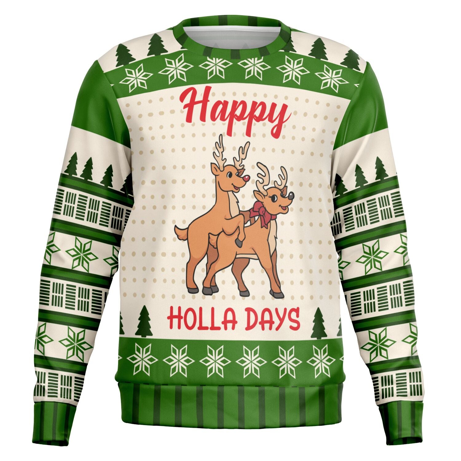 Cream and green Christmas sweater with two reindeer in a suggestive pose and “Happy Holla Days” text — edgy holiday humor from CollegeWares.