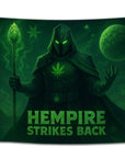 Green sci-fi weed flag featuring a hooded villain with glowing eyes, hemp staff, and space background — “Hempire Strikes Back” parody flag by CollegeWares.