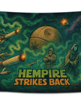 Action-packed weed parody flag featuring joint-shaped spaceships, cannabis planet, and cosmic smoke trails — “Hempire Strikes Back” by CollegeWares.