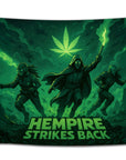 Dynamic sci-fi stoner flag with three space warriors running under a giant glowing cannabis leaf — “Hempire Strikes Back” green vapor design.
