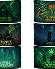 Six “Hempire Strikes Back” flags displayed together — includes galactic villain, rebel duo, space monks, joint-ship battle, lone light hero, and green rebel fighters, arranged in a bright product showcase for comparison.
