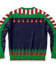Back view of navy sweater with Christmas tree hem, red ornaments, and festive stripes — bold holiday pattern from CollegeWares.