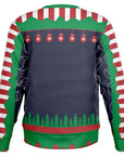 Back view of navy sweater with Christmas tree hem, red ornaments, and festive stripes — bold holiday pattern from CollegeWares.
