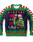 Edgy Christmas sweater featuring a skeleton in a Santa hat with the text “Ho Ho Holy Shit What a Year” — red cup and sarcastic vibes from CollegeWares.