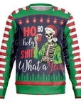 Edgy Christmas sweater featuring a skeleton in a Santa hat with the text “Ho Ho Holy Shit What a Year” — red cup and sarcastic vibes from CollegeWares.