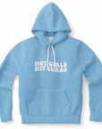 Blue hoodie with “Hot Girls Hit Curbs” printed in chunky white text — flirty, fearless fashion from CollegeWares.