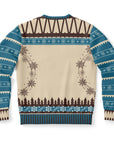 Back view of beige and teal sweater with snowflake borders and forest trees — winter-themed design without text.