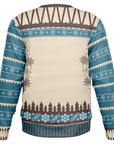 Back view of beige and teal sweater with snowflake borders and forest trees — winter-themed design without text.