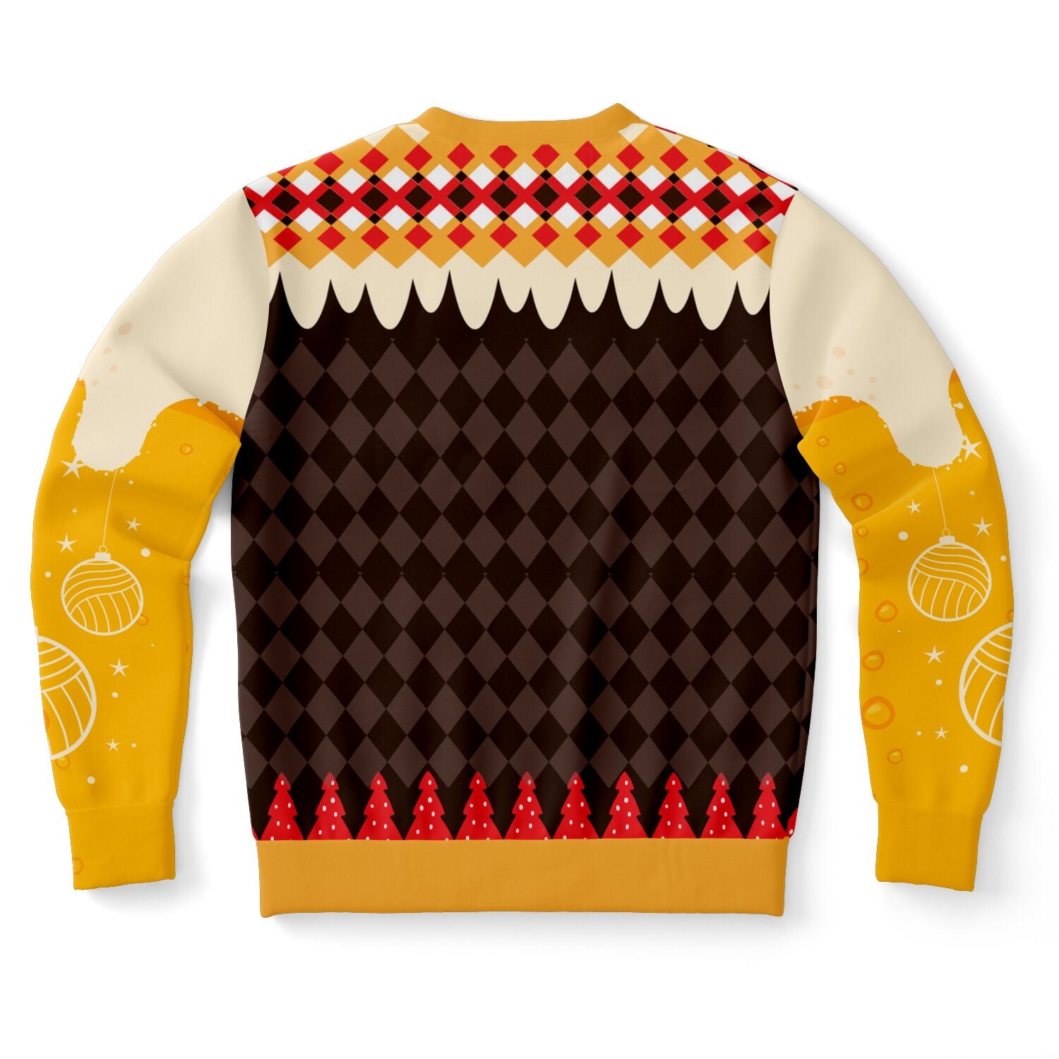 Back of brown and gold sweater with beer-inspired sleeves, diamond pattern, and festive details — cheeky Christmas apparel from CollegeWares.