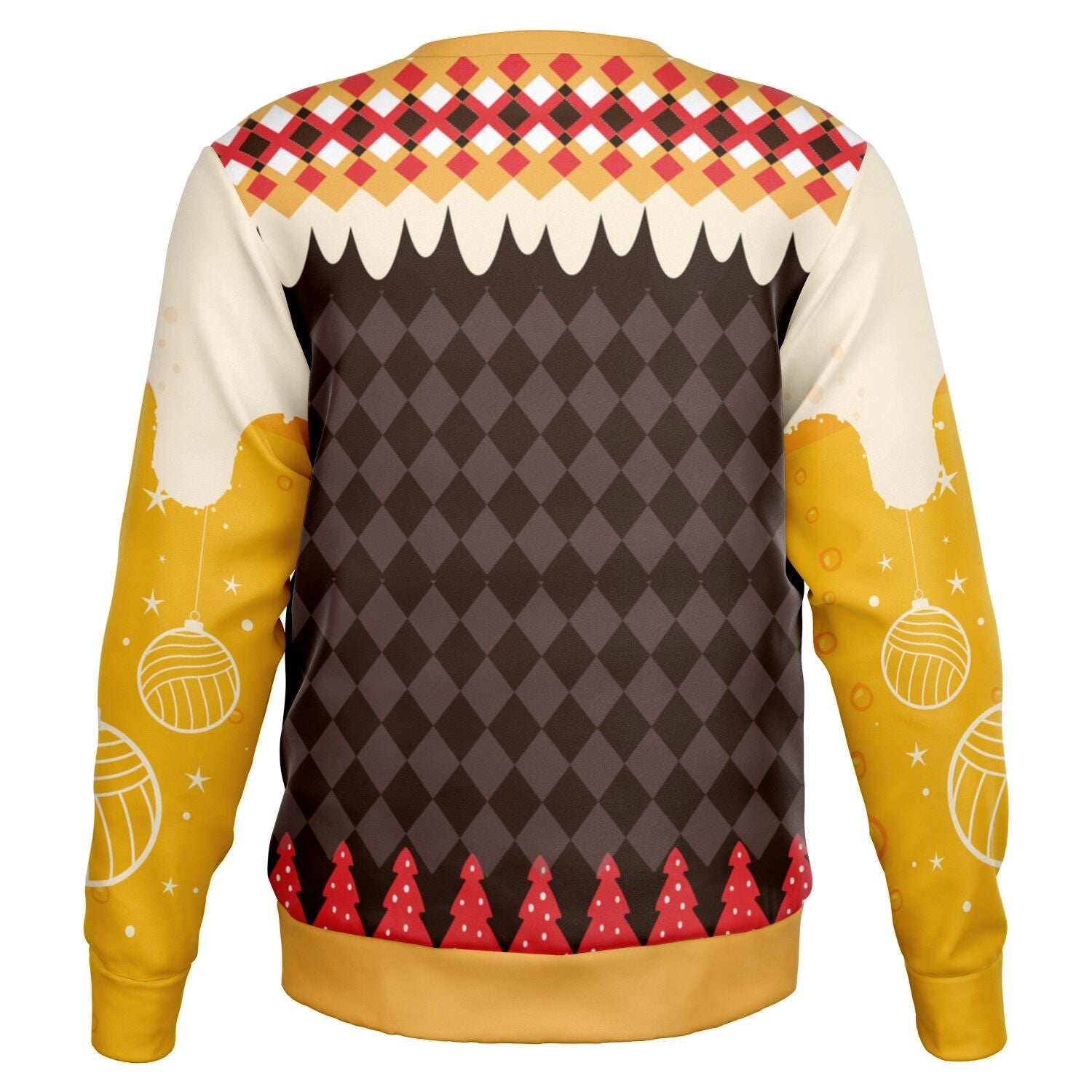 Back of brown and gold sweater with beer-inspired sleeves, diamond pattern, and festive details — cheeky Christmas apparel from CollegeWares.
