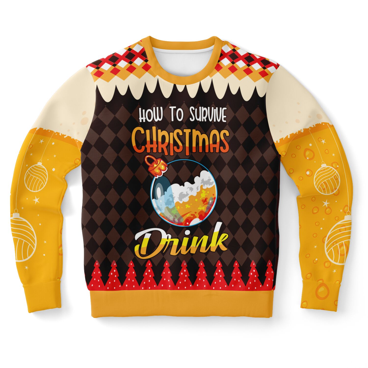 Brown and gold ugly Christmas sweater with “How to Survive Christmas: Drink” text and beer glass graphic — holiday humor sweatshirt by CollegeWares.