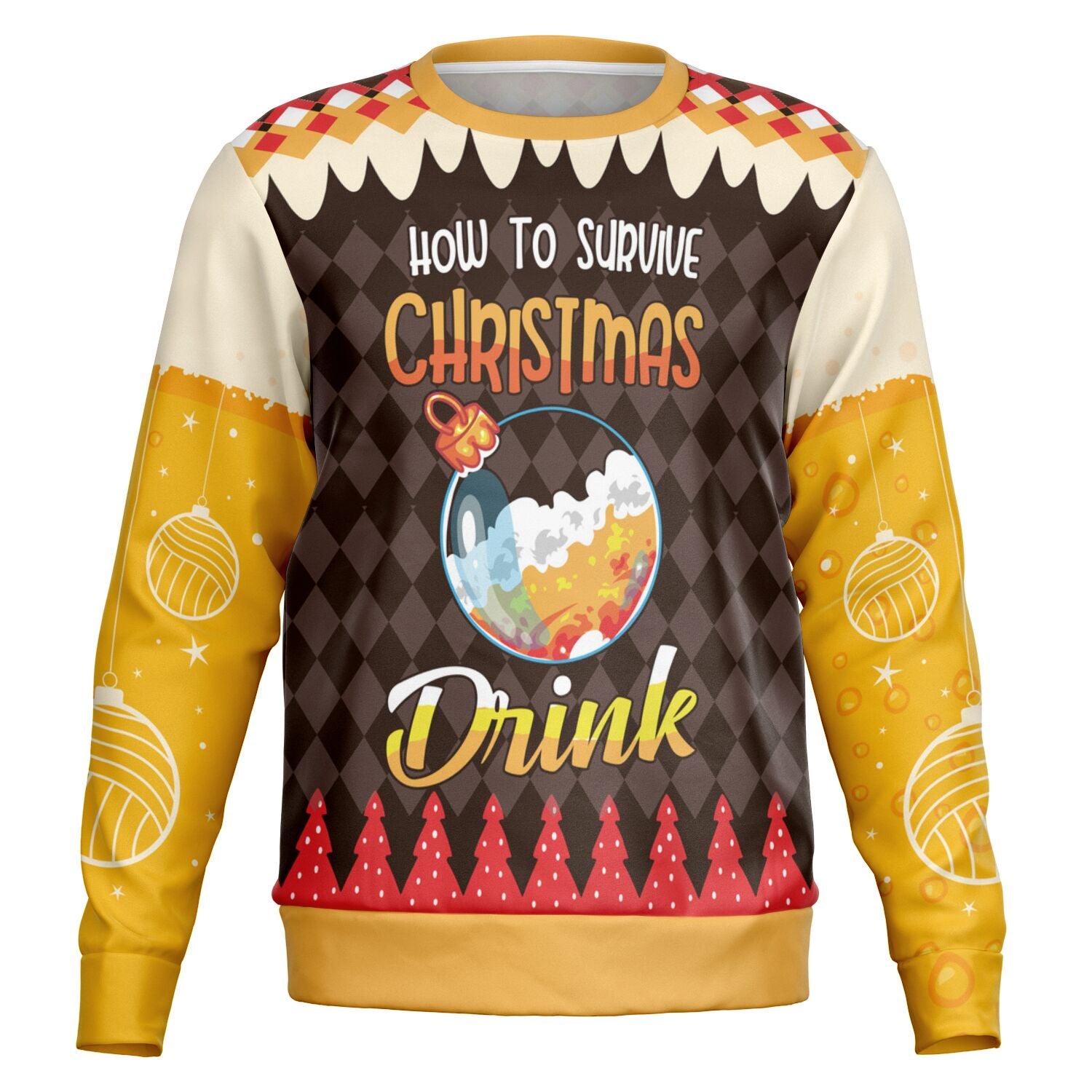Brown and gold ugly Christmas sweater with “How to Survive Christmas: Drink” text and beer glass graphic — holiday humor sweatshirt by CollegeWares.