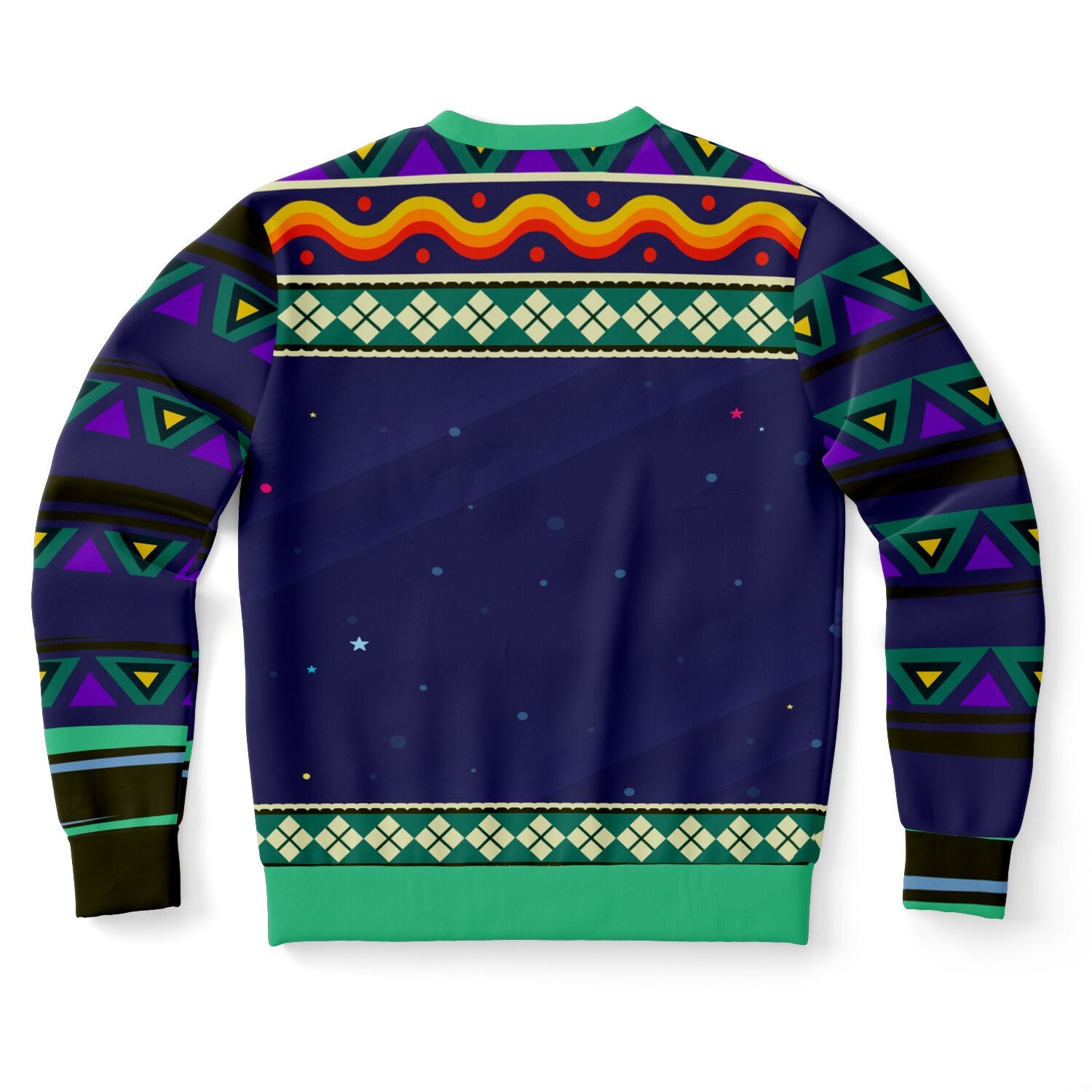 Back view of navy holiday sweater with colorful space theme and geometric trim — extraterrestrial Christmas style from CollegeWares.