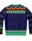 Back view of navy holiday sweater with colorful space theme and geometric trim — extraterrestrial Christmas style from CollegeWares.