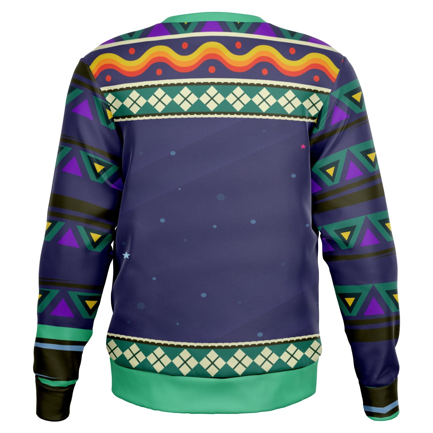 Back view of navy holiday sweater with colorful space theme and geometric trim — extraterrestrial Christmas style from CollegeWares.