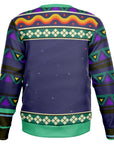 Back view of navy holiday sweater with colorful space theme and geometric trim — extraterrestrial Christmas style from CollegeWares.