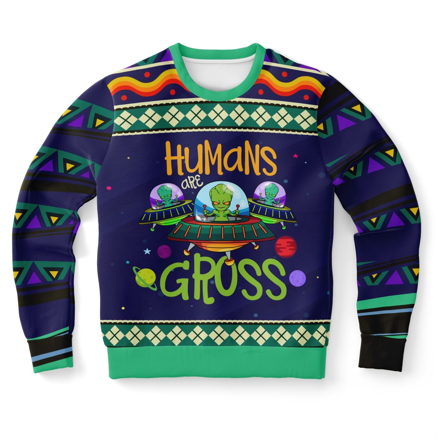 Navy and neon Christmas sweater with “Humans Are Gross” slogan and cartoon aliens in UFOs — quirky sci-fi holiday humor from CollegeWares.