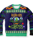 Navy and neon Christmas sweater with “Humans Are Gross” slogan and cartoon aliens in UFOs — quirky sci-fi holiday humor from CollegeWares.