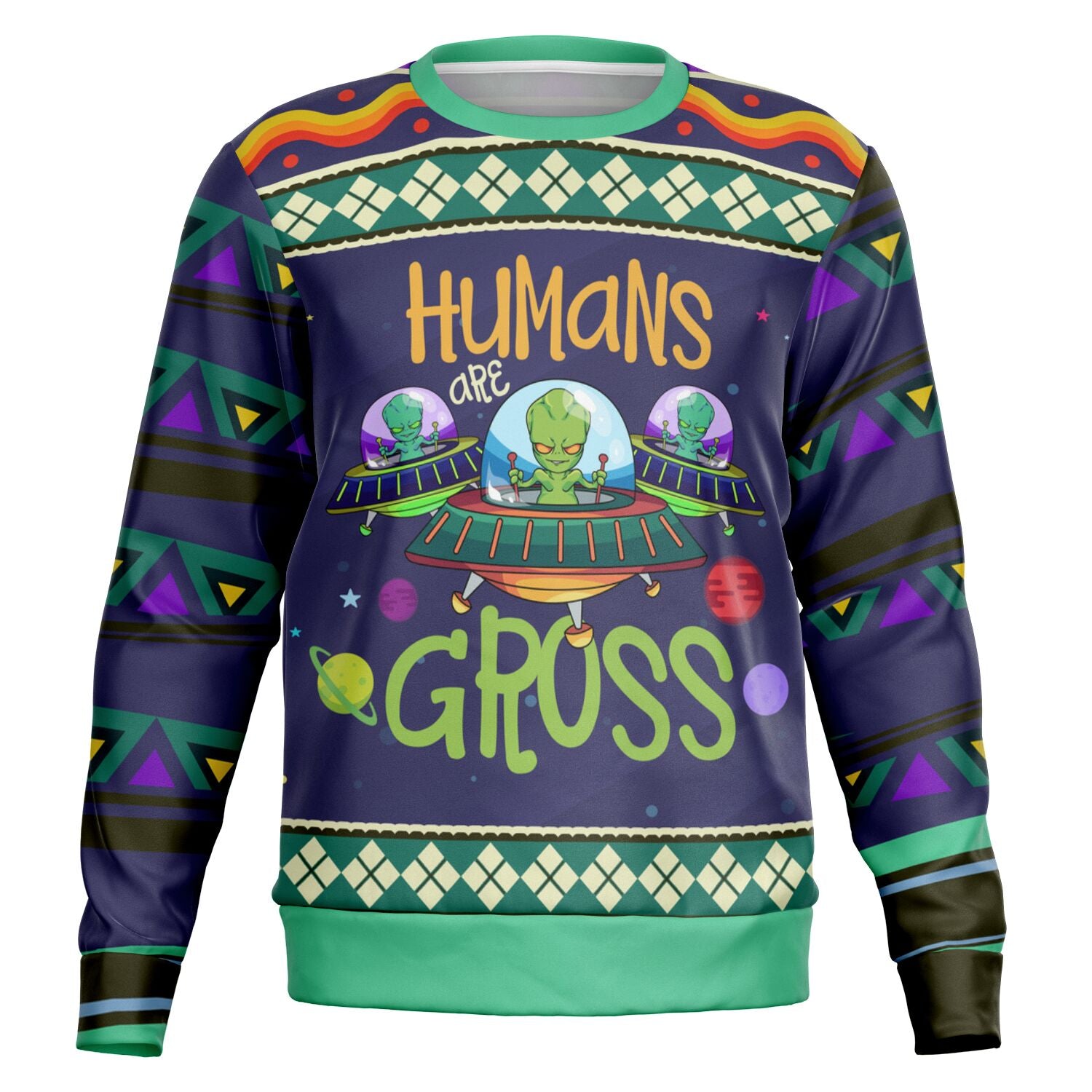 Navy and neon Christmas sweater with “Humans Are Gross” slogan and cartoon aliens in UFOs — quirky sci-fi holiday humor from CollegeWares.