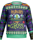 Navy and neon Christmas sweater with “Humans Are Gross” slogan and cartoon aliens in UFOs — quirky sci-fi holiday humor from CollegeWares.