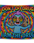 Psychedelic rainbow flag with a wide-eyed elf character covered in swirling tattoos and melting eyeballs, surrounded by stars, mushrooms, and planets — with large trippy font that reads “I Don’t Do Drugs, I Am The Drug.” Wild and colorful college party flag for rave heads and stoner dorm decor by CollegeWares.