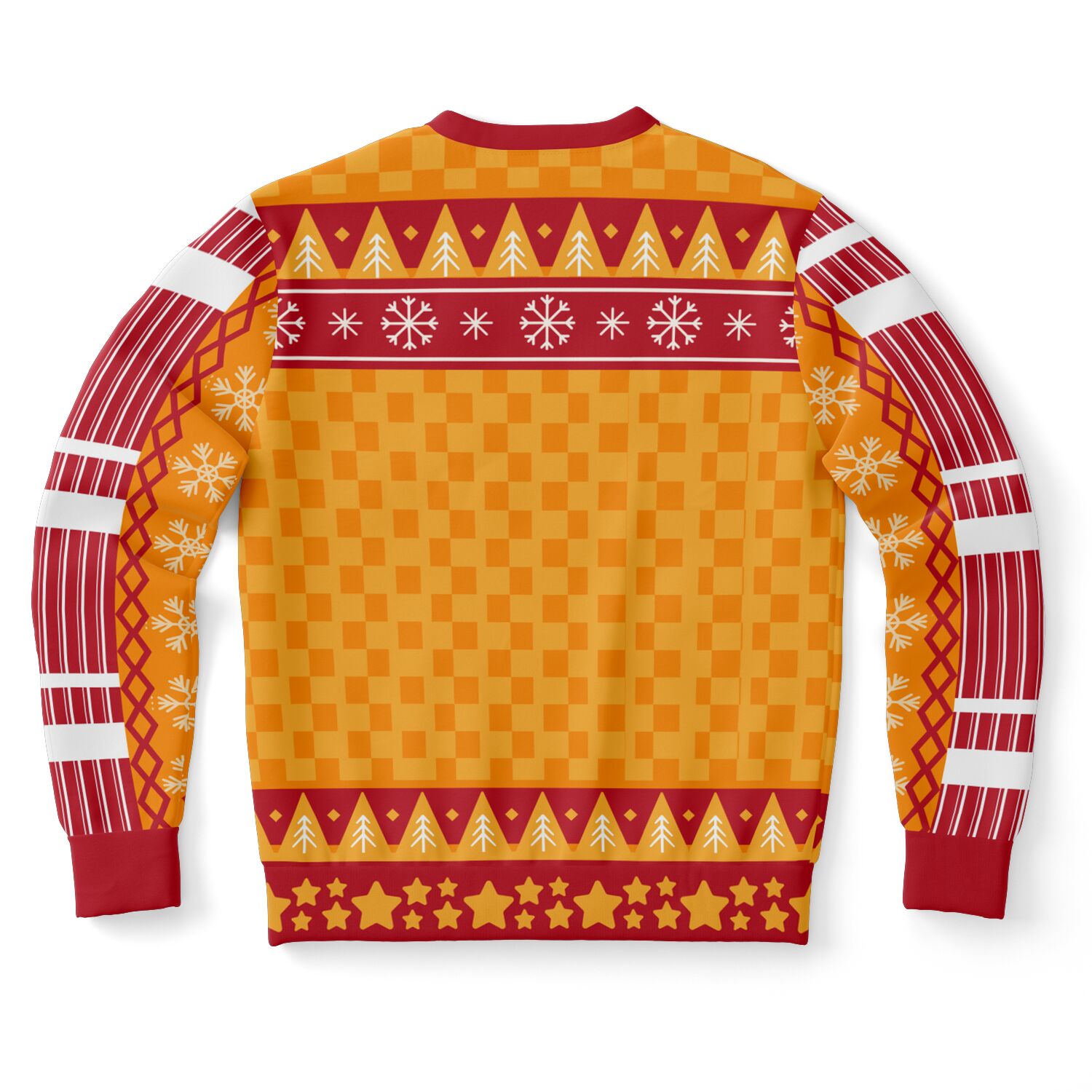 Back view of orange sweater with red and yellow star and tree trim — no graphic, festive design from CollegeWares.