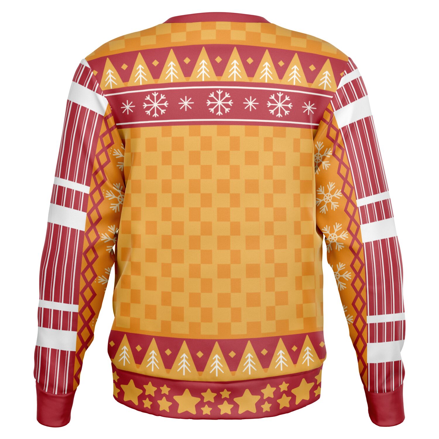 Back view of orange sweater with red and yellow star and tree trim — no graphic, festive design from CollegeWares.