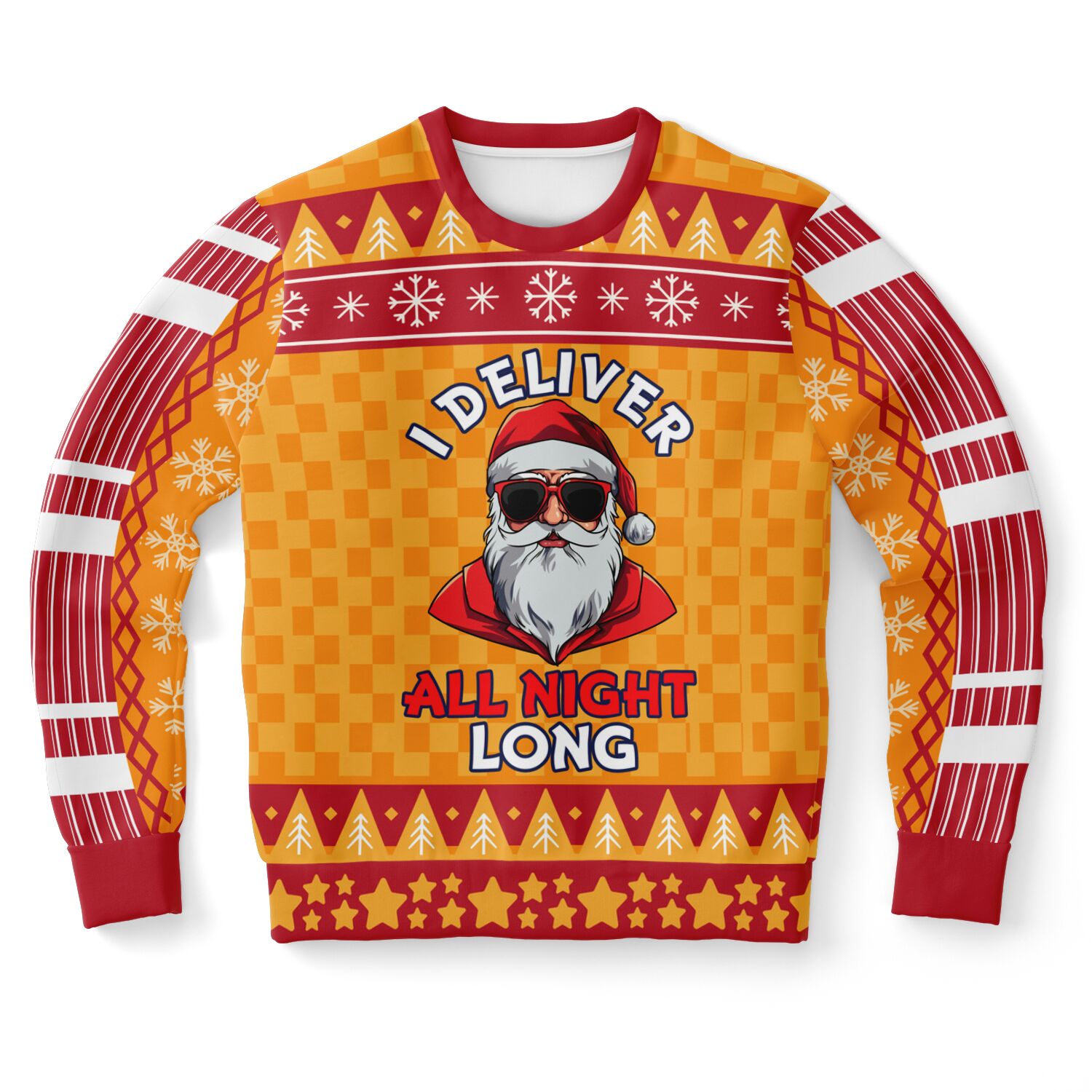 Orange Christmas sweater with “I Deliver All Night Long” slogan and cool Santa in sunglasses — bold holiday humor from CollegeWares.